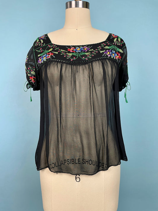 1940s Sheer Embroidered Peasant Top