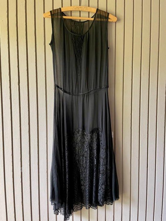 Vintage 1920s Black Silk Chiffon Sheer Senorita Dress